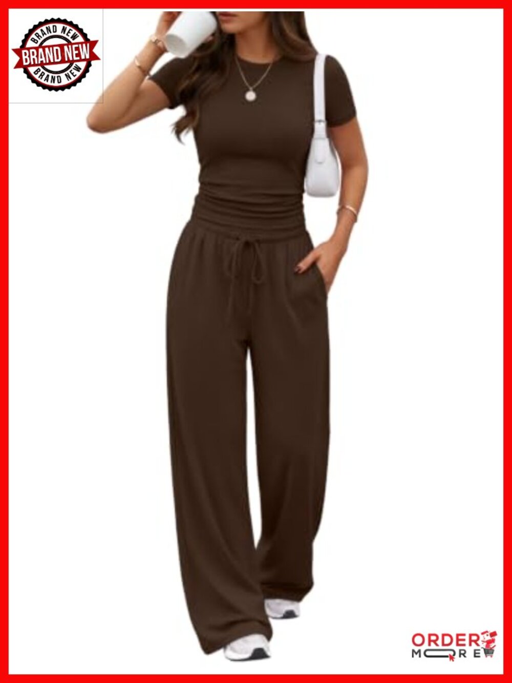 Women's 2 Piece Rayon Spandex Lounge Set Short Sleeve Top Wide Leg Pants